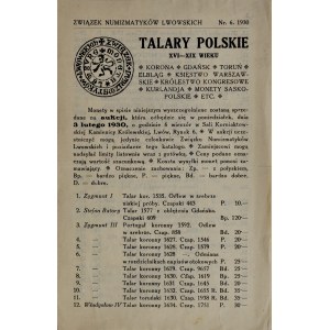 Katalog aukcyjny Związku Numizmatyków Lwowskich, talary polskie, Lwów 1930.