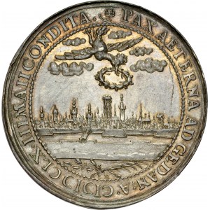 Jan II Kazimierz 1649-1668, Medal z 1660 roku, autorstwa Jana Hohena Młodszego, wybity w stylu gdańskich donatyw z okazji zawarcia Pokoju w Oliwie, RR.