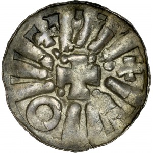 Denar krzyżowy XI w., Av.: Krzyż grecki, Rv.: Kapliczka.