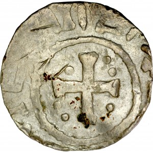 Denar typu OAP XI w., Av.: Kapliczka, dookoła imitacja napisu Rv.: Krzyż prosty, między jego ramionami kropki.