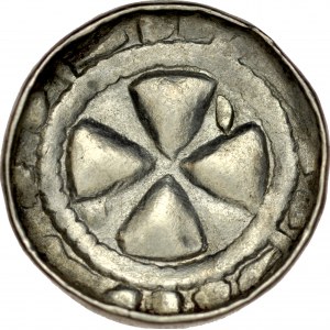 Denar krzyżowy XI w., Av.: Krzyż kawalerski, między ramionami jedna kreska, Rv.: Krzyż prosty.