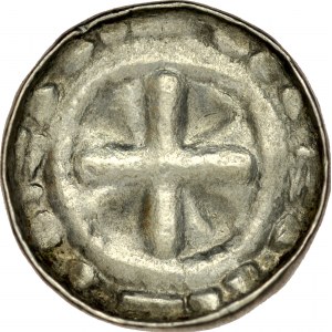 Denar krzyżowy XI w., Av.: Krzyż kawalerski, między ramionami jedna kreska, Rv.: Krzyż prosty.