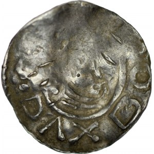 Bolesław Chrobry 992-1025, Denar ok 1000 r., Wielkopolska, Av.: Głowa księcia w prawo, napis: DVX BOL…, Rv.: Krzyż, między ramionami 4 kropki, napis: INCLITVS.