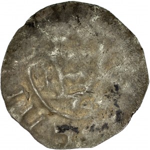 Bolesław Chrobry 992-1025, Denar, naśladownictwo denara typu Otto-Adelheid-Pfennige (OAP); Av.: Smukła kapliczka z charakterystycznymi pałąkami po bokach, wokoło imitacja napisu; Rv.: Krzyż z kółkami w kątach, wokoło imitacja napisu.