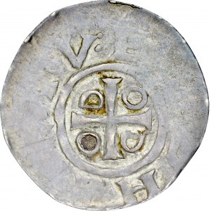 Miecław 1037-1047, Denar, Mazowsze, naśladownictwo denara saskiego Ottona i Adelajdy; Av.: Krzyż z ODOD w kątach, +CIVE+CH; Rv.: Kaplica między dwiema kulkami, wstecznie +[CI]DO[H]SV.