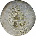Miecław 1037-1047, Denar, Mazowsze, naśladownictwo denara saskiego Ottona i Adelajdy; Av.: Krzyż z ODOD w kątach, +CIVE+CH; Rv.: Kaplica między dwiema kulkami, wstecznie +[CI]DO[H]SV.