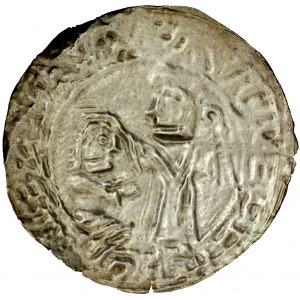 Bolesław III Krzywousty 1107-1138, Brakteat pokutniczy, Av.: Św. Wojciech błogosławi klęczącego księcia, napis otokowy.