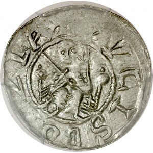 Bolesław III Krzywousty 1107-1138, Denar, Av.: Książę na tronie, napis: DVCIS BOLZLA, Rv.: Krzyż, napis: DENARIVS.