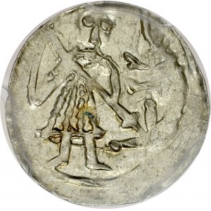 Bolesław III Krzywousty 1107-1138, Denar, Av.: Walka ze smokiem, Rv.: Krzyż, między ramionami kropki.