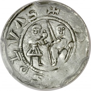 Władysław II Wygnaniec 1138-1146, Denar, Av.: Książę z poddanym, Rv.: Walka z lwem.