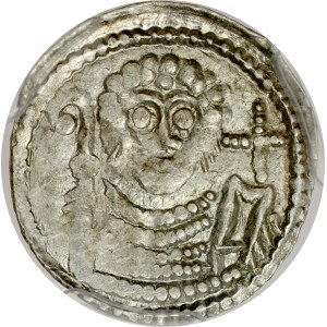 Władysław II Wygnaniec 1138-1146, Denar, Av.: Książę z mieczem i tarczą, na niej krzyż, w polu litera S, Rv.: Biskup z pastorałem, biblią, i krzyżem.