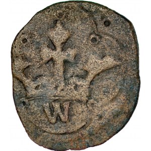 Władysław Opolczyk 1372-1379, Denar ruski, Av.: Litera W w ornamencie, Rv.: Korona pod nią litera W.