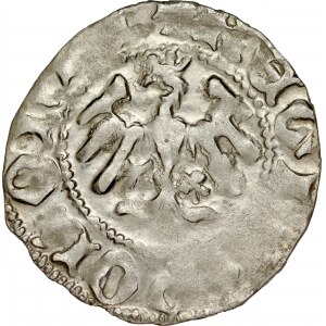 Władysław Jagiełło 1386-1434, Półgrosz, Kraków, Av.: Korona, pod nią litera O, Rv.: Orzeł jagielloński.