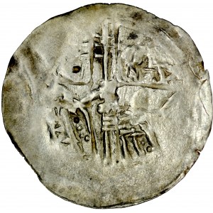 Ks. Opolsko-Raciborskie, Władysław II 1163-1177, Denar, Av.: Dwie postacie z chorągwią, Rv.: Krzyż z linii.