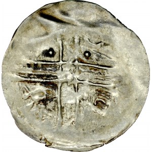 Ks. Opolsko-Raciborskie, Władysław II 1163-1177, Denar, Av.: Dwie postacie z chorągwią, Rv.: Krzyż z linii.