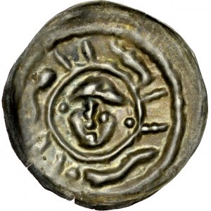 Ks. Wrocławskie, Henryk I Brodaty 1201-1238 lub Henryk II Pobożny 1238-1241, Brakteat ratajski, Av.: Głowa, dookoła imitacja legendy.