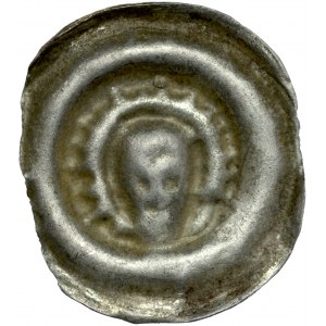 Brakteat guziczkowy II poł. XIII w., nieokreślona prowincja, Av.: Głowa w aureoli.