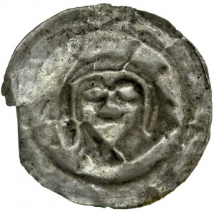  Brakteat guziczkowy II poł. XIII w., nieokreślona prowincja, Av.: Głowa z broda i długimi włosami.