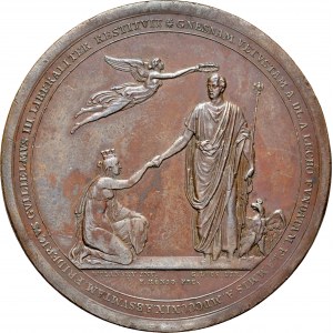 Medal 1823, wybity jako podziękowanie mieszkańców miasta Gniezna królowi pruskiemu Fryderykowi Wilhelmowi III za pomoc w odbudowie miasta po pożarze z 1819 roku.