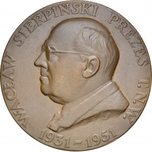 Medal autorstwa Aumillera z 1951 roku poświęcony Wacławowi Sierpińskiemu, prezesowi Towarzystwa Naukowego Warszawskiego.