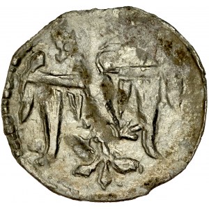 Ludwik Węgierski 1370-1382, Denar, Kraków. Av.: Orzeł piastowski, Rv.: Tarcza herbowa Andygawenów.