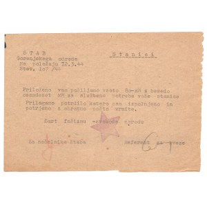 Yugoslavia, Slovenia, Liberation Front Army, 80 German marks, confirmation of money transfer between partisan units - very rare