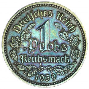 Niemcy, 1 Reichsmark 1939 A - ogromnej rzadkości próbna odbitka na krążku z żelaza pokrytym miedzią