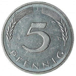 Niemcy, 5 pfennig 1982 J - rzadka próba wybita w białym niemagnetycznym metalu