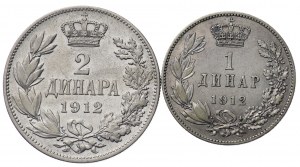 Serbia, 1 dinaro e 2 dinari 1912 - set di 2 pezzi