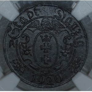 Wolne Miasto Gdańsk, 10 fenigów 1920, małe cyfry nominału - DOUBLE STRUCK ROTATED, UNIKAT !!!