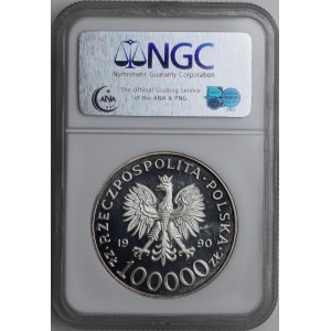Polska, III RP, 100.000 złotych 1990 Solidarność typ D - NGC PF67 Ultra Cameo