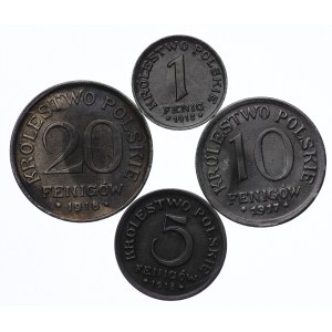 Regno di Polonia, 1,5,10,20 fenig 1917/1918 - set di 4 pezzi con interessanti distruzioni