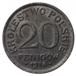 Królestwo Polskie, 20 Fenigów 1918 F - Stuttgart, piękna z mocnym efektem ducha widocznym przy głowie orła