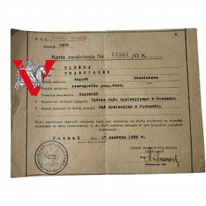 Wojsko Polskie karta zwolnienia ze służby Sędzia Sądu w Poznaniu 1939 r CIEKAWOSTKA