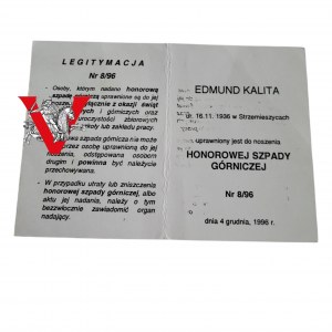 Legitymacja do Honorowej Szpady Górniczej 1996