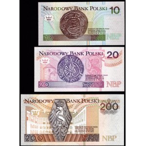 Zestaw banknotów z 1994 roku - 200 zł. + 20 zł. + 10 zł. - ten sam NISKI numer seryjny serii AA 0003062