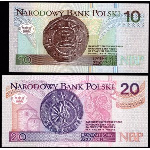 Zestaw banknotów z 1994 roku - 20 zł. + 10 zł. - ten sam NISKI numer seryjny serii AA 0047541