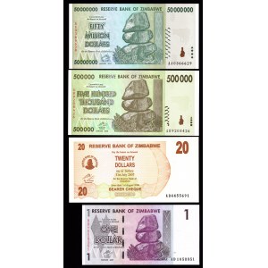 ZIMBABWE - 1 Dollar, 20 Dollars, 500.000 Dollars, 50 000.000 Dollars 2007/2008