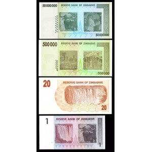 ZIMBABWE - 1 Dollar, 20 Dollars, 500.000 Dollars, 50 000.000 Dollars 2007/2008