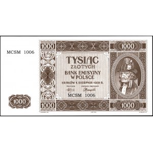 1000 złotych 1941 (2004) num. 4 cyfrowa MCSM 1006 - Rekonstrukcja + certyfikat Czesława Miłczaka 