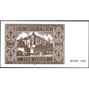 1000 złotych 1941 (2004) num. 4 cyfrowa MCSM 1006 - Rekonstrukcja + certyfikat Czesława Miłczaka 