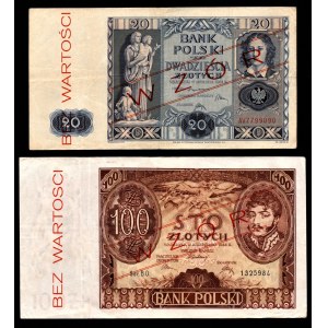 20 złotych 1936 + 100 złotych 1934 - BEZ WARTOŚCI - fałszywy nadruk WZÓR