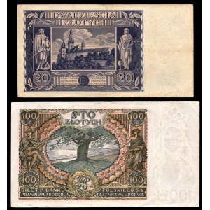 20 złotych 1936 + 100 złotych 1934 - BEZ WARTOŚCI - fałszywy nadruk WZÓR