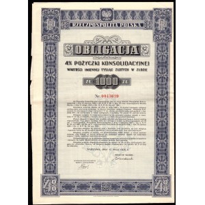 4% Pożyczki Konsolidacyjnej - obligacja na 1000 złotych 1936