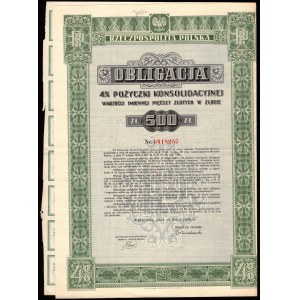 4% Pożyczki Konsolidacyjnej - Obligacja na 500 złotych 1936