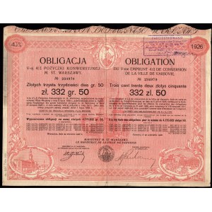 Pożyczka Konwersyjna m. st. Warszawy - obligacja 332,50 złotych 1926r