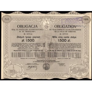 Pożyczka Konwersyjna m. st. Warszawy - obligacja 1500 złotych 1926