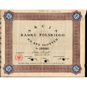 Bank Polski - 100 złotych 1924 - akcja imienna - numer seryjny wpisany odręcznie - RZADKOŚĆ