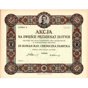 Dr Roman May - Chemiczna Fabryka - 250 złotych 1927 - bez numerów oraz podpisów
