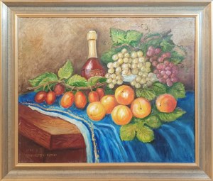 Maria Kowalczyk-Pożoga, Martwa natura- owoce na stole, 1994